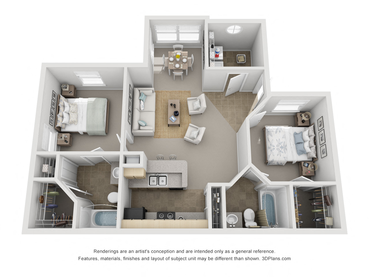 Floor plan for 2 beds, 2 baths, 962 sqft